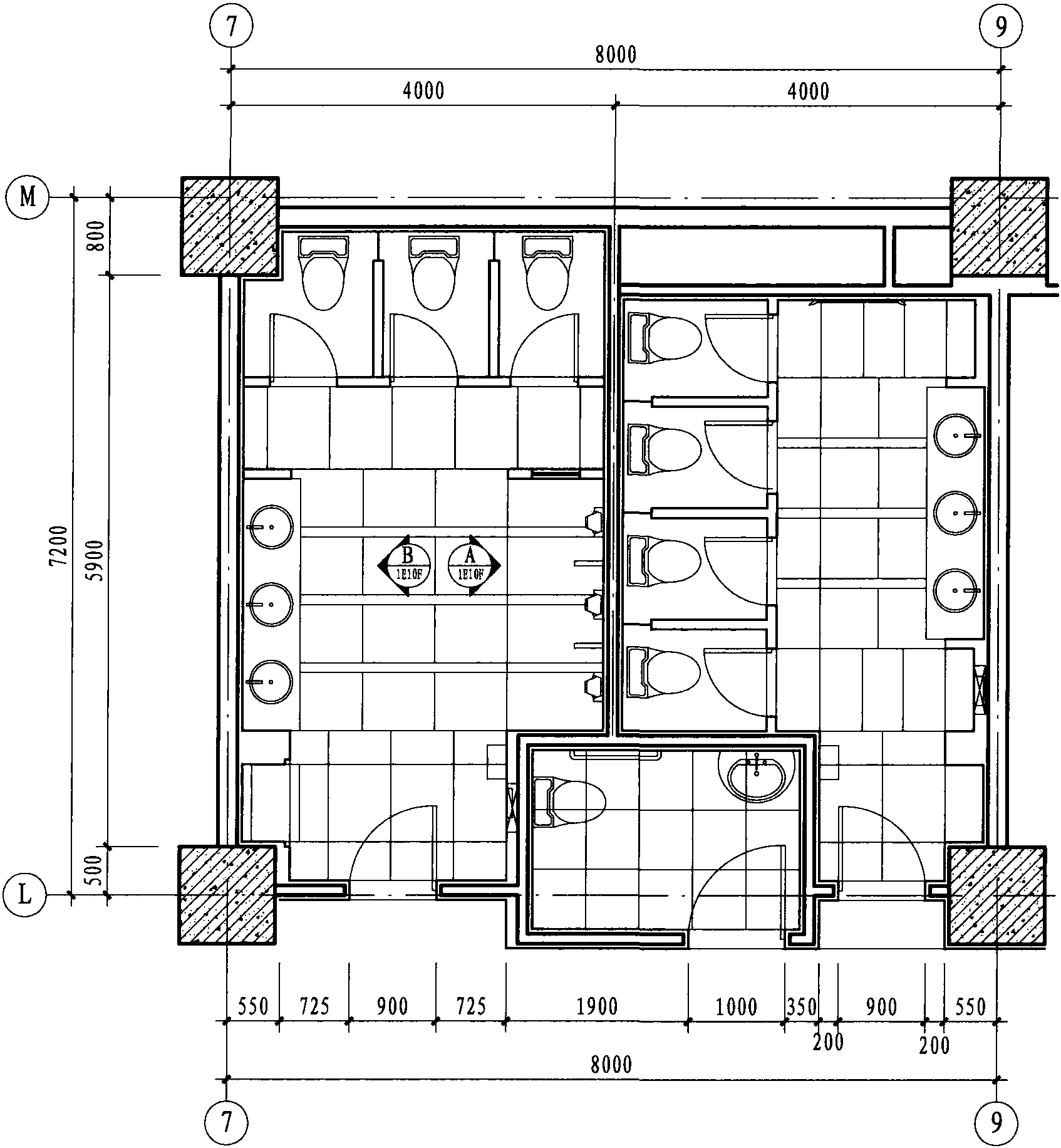 一層公共衛(wèi)生間平面布置圖 1:75